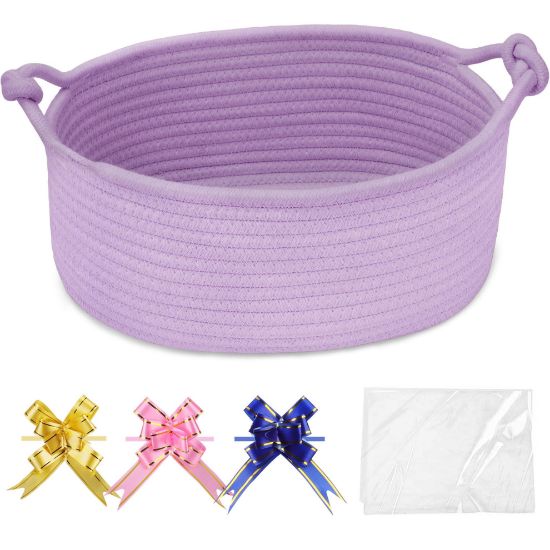 Picture of COMSE Gift Basket Empty, Small Woven Basket with Gift Bags and Ribbons, Nursery Bin to Fill with Small Items, Baby, Pet Toy Organizer Box, 12" x 8" x 5", Purple