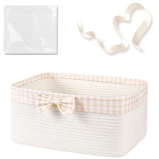 Picture of OIASKET Basket for Gifts Empty, Large Gift Basket 13L with Gift Bag and Ribbon, Woven Cotton Basket for Baby Showers, Birthday, Wedding, Easter, 13.58"x10"x5.9", White and Cream