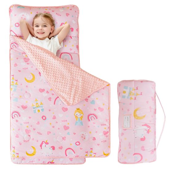 Picture of Viviland Toddler Kid Nap Mat for Preschool, Girls Pink Princess Daycare Kindergarten Slumber Bag