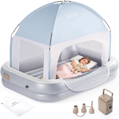 Picture of OGERY Inflatable Toddler Travel Bed with Cordless Rechargeable and Detachable Air Pump and Tent, Portable Kids Air Mattress with 4 Sides Safety Bumpers Ideal for Home, Grandma's, Camping, Traveling