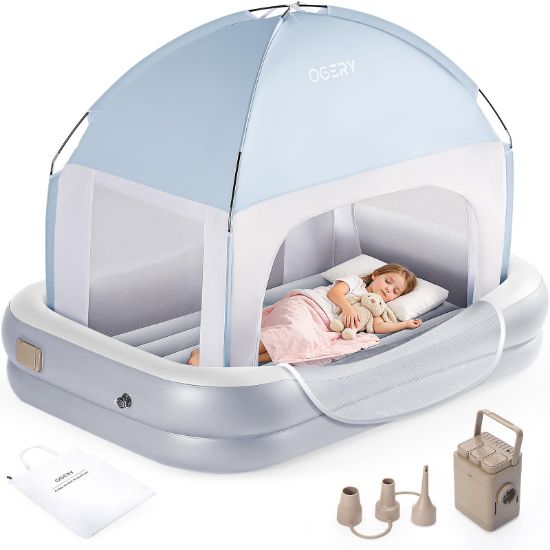 Picture of OGERY Inflatable Toddler Travel Bed with Cordless Rechargeable and Detachable Air Pump and Tent, Portable Kids Air Mattress with 4 Sides Safety Bumpers Ideal for Home, Grandma's, Camping, Traveling