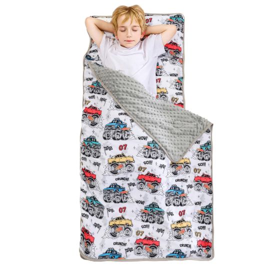 Picture of Viviland Toddler Nap Mat with Pillow and Minky Blanket,Rolled Large Sleeping Mat for Boys, Kids Slumber Bag Nap Mat for Preschool, Daycare, Kindergarten, Travel Camping - Monster Truck