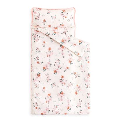 Picture of Wake In Cloud - Toddler Nap Mat with Pillow and Blanket, Cotton Fabric, for Kids Girls Ages 3 Plus in Daycare Kindergarten Preschool, Roll Up Sleeping Bag, Floral Flowers, Light Pink, Standard