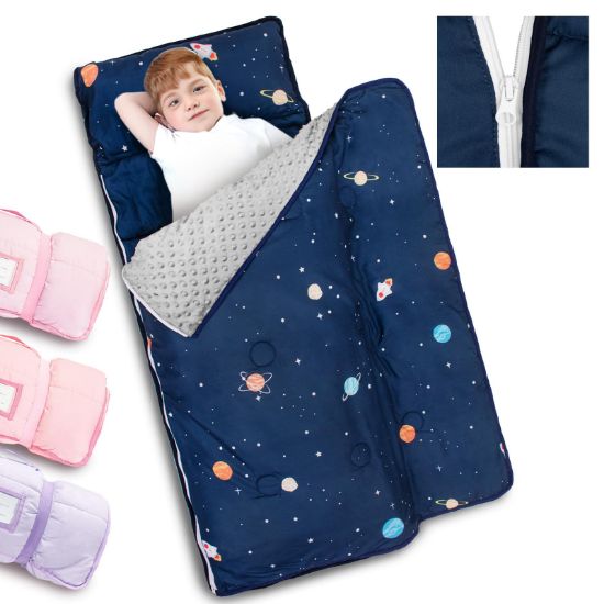 Picture of Primlect Toddler Nap Mat with Detachable Blanket and Removable Pillow, Kids Sleeping Bag 55''x35'' for Daycare Preschool Kindergarten, Toddler Sleeping Mat for Boys and Girls (Space Ship)