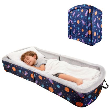 Picture of TDKDHoming Portable Toddler Travel Bed Foldable Toddler Bed with Washable Cover Toddler Floor Beds for Home,Travel & Camping, Soft Foam Kids Cots for Sleeping, for Kids Aged 18M+, No Assembly, Blue