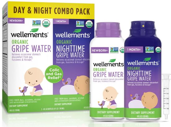 Picture of Wellements Organic Gripe Water for Babies Day & Night Combo Pack (4 Fl Oz) - Infant Gripe Water Newborn Calms Occasional Stomach Discomfort from Baby Gas, Colic, Hiccups & Fussiness - USDA Certified