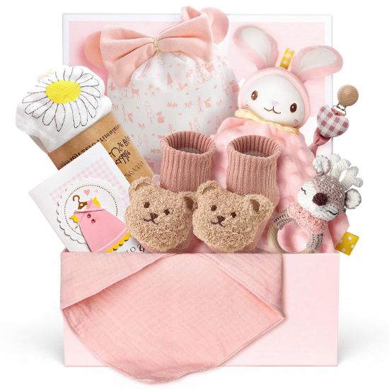 Picture of Strawberry Fairy 10 PCS Baby Gift Set for Girls, Newborn Essentials Stuff Baby Girl Gifts, Baby Girl Gift Basket, Gender Reveal Gifts Basket with Rattle Swaddle Blanket