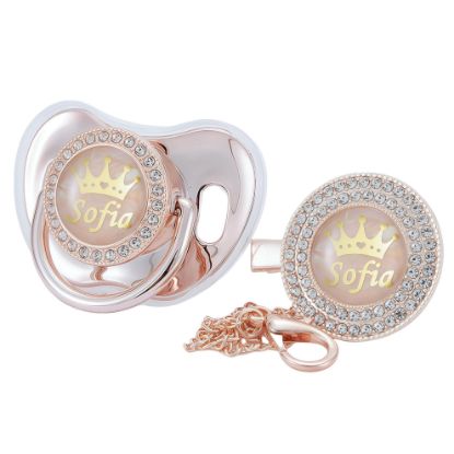 Picture of MIYOCAR Personalized Any Name Bling Gold Silver Pacifier and Clip Set 18 Colors BPA Free Safe Unique Design Luxurious Dummy Ideal Gift for Baby Show New Born