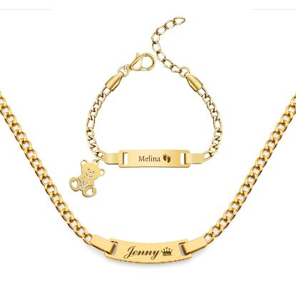 Picture of Malihome Personalized Bracelet & Necklace Set Custom Engraving Name/Text/Birth Date Stainless Steel Bracelets Gift for Baby Baptism Toddler New Mom (Bracelet-Necklace Set)
