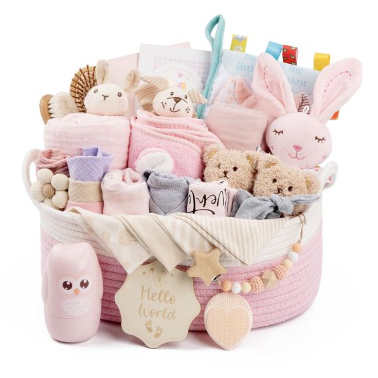 Picture of 30 Piece Baby Gift Basket - Luxury Curated Baby Girl Gift Basket for Newborn, Premium All-in-One Baby Shower Gift Set, Essentials with Keepsakes for First MomentsPink