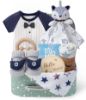 Picture of Golray Baby Boy Gifts for Baby Shower, 9pcs Newborn Essential with Fox Lovey/Blanket/Onesie/Wooden Rattle/Socks/Bib/Suitcase, Welcome Baby Gift Box Gender Reveal Infant Boy Gift Basket Set 0-6 Month