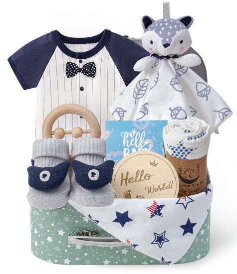 Picture of Golray Baby Boy Gifts for Baby Shower, 9pcs Newborn Essential with Fox Lovey/Blanket/Onesie/Wooden Rattle/Socks/Bib/Suitcase, Welcome Baby Gift Box Gender Reveal Infant Boy Gift Basket Set 0-6 Month