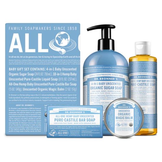Picture of Dr. Bronner's Baby Unscented Gift Set - Pure-Castile Liquid and Bar Soaps, Organic Magic Balm, and 4-in-1 Organic Sugar Pump Soap