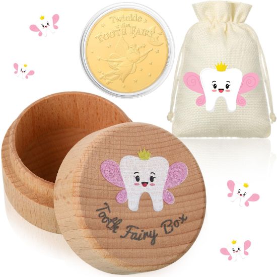 Picture of Equsion 3 Pcs Tooth Fairy Gifts for Girls and Boys Tooth Fairy Box Coin Unicorn Bag with Gold Foil Reward Coins Wood Baby Keepsake Box for Lost Teeth Kids Birthday Gift(Pink)