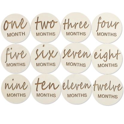 Picture of 12pcs Wooden Baby Monthly Milestone Cards,Pregnancy and Baby Growth Monthly Milestone Wood Discs,Milestone for Baby Boy,Months Signs Milestone for Baby Girl,Fathers Day Gift