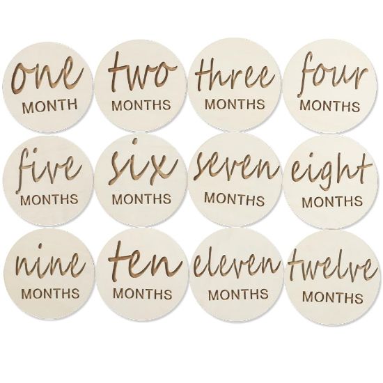 Picture of 12pcs Wooden Baby Monthly Milestone Cards,Pregnancy and Baby Growth Monthly Milestone Wood Discs,Milestone for Baby Boy,Months Signs Milestone for Baby Girl,Fathers Day Gift