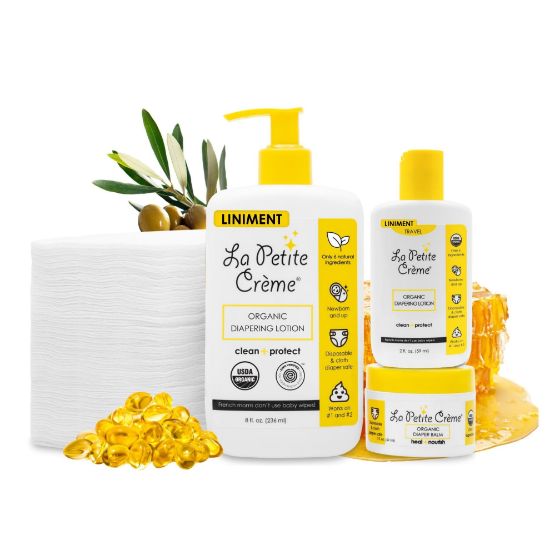 Picture of La Petite Creme Premium French Diapering Gift Set: Includes Organic Diapering Lotion (8 oz), Travel-size Liniment Baby Lotion (2 oz), 1 Travel-size Diaper Balm (1 oz), 50 Disposable Cotton Pads