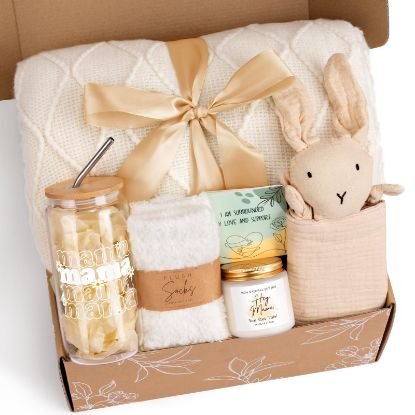 Picture of New Mom Gifts, New Mom Care Package After Baby, Baby Shower Gifts for Mom to Be, Pregnancy Gifts for Expecting Mother, Unique 16OZ Mama Glass Cup Knitted Blanket Gift Baskets for Women (White)