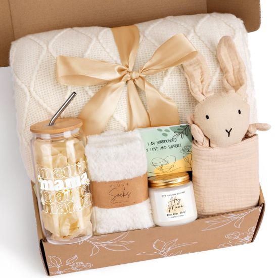 Picture of New Mom Gifts, New Mom Care Package After Baby, Baby Shower Gifts for Mom to Be, Pregnancy Gifts for Expecting Mother, Unique 16OZ Mama Glass Cup Knitted Blanket Gift Baskets for Women (White)