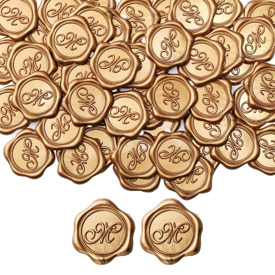 Picture of Yoption Initial M Wax Seal Stickers, 100 Pack Gold Self Adhesive Letter Envelope Seal Stickers for Wedding Party Birthday Christmas (M)