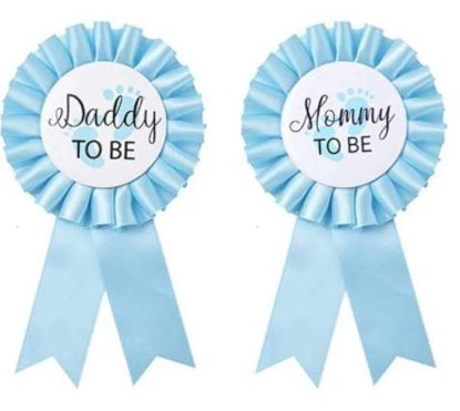 Picture of CoolerthingsDG, Daddy to be & Mom to be Tinplate Badge Pin, Baby Shower Button New Dad Gifts Gender Reveals Party Baby Boy Blue Rosette Button Baby Celebration (Sky Blue)