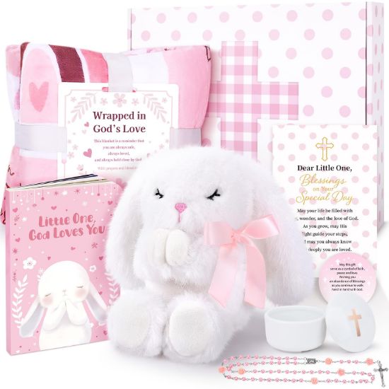 Picture of Baptism Gifts for Girl, Christening Gift Set for Baby Girls, Baby Dedication Gift, Includes Bunny Stuffed Animal, First Rosary Beads, Prayer Book, Keepsake Blanket, Catholic Baptism Gift Basket