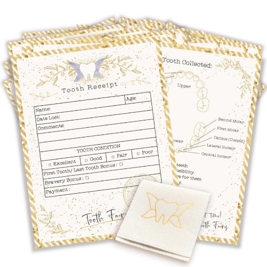 Picture of 20 Tooth Fairy Receipt Cards and 1 Tooth Fairy Bag | Tooth Fairy Gifts for Boys and Girls | Tooth Fairy Certificate Keepsake for Kids (Light Gold, 4.25x5.5 in)