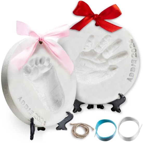 Picture of Little Hippo Baby Ornament Keepsake Kit (Newborn Bundle) - 2 Easels, 4 Ribbons & Letters! Handprint and Footprint Clay Casting Kit for Baby Shower Gifts, Boys & Girls