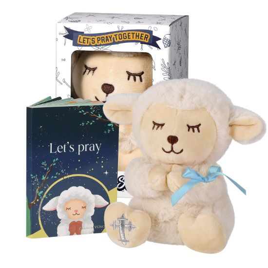 Picture of VUNCESSIN Baptism Gifts for Baby Boys with 7'' Cute Plush Lamb and Pray Book, Baptism, Dedication and Christening Gift Set for Boys in Keepsake Box.