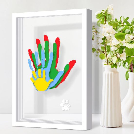 Picture of Omrhvi Family Handprint Kit, Hand Prints Keepsake Frame, DIY Craft Gift for New Parents & Mom & Baby, Grandparents, Mother's Day, Father's Day, Adoption Day, Anniversary, 6 Non -Toxic Paints (White)