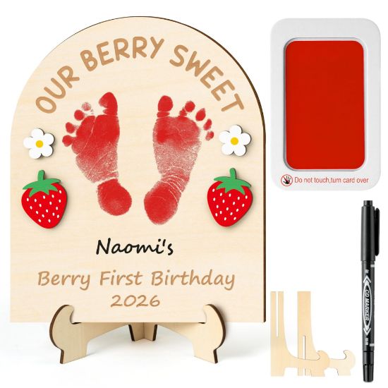 Picture of R HORSE Baby's 3D Berry First Birthday Footprint or Handprint Art Sign, Our Berry Sweet DIY Wooden Hanging Decoration, Newborn Keepsake Craft Gift for Unisex Baby First Birthday Baby Shower Photo Prop