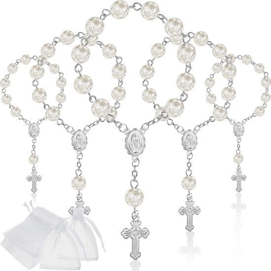 Picture of Jadive 30 Pieces Mini Rosaries Baptism Rosary Beads Finger Baptism Rosaries Bulk with Organza Bags for First Communion Christening Weddings Party Favors(Silver)