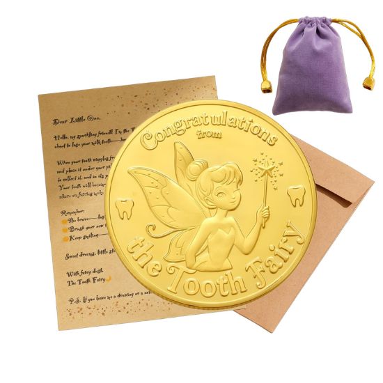 Picture of Meliatomia Tooth Fairy Gifts for Boys & Girls, Tooth Fairy Coins - First Tooth Keepsake Magical Milestone Gift Kit, Golden Coins with Tooth Pouch,Letter from Tooth Fairy, Lost Teeth Reward Coin (1PC)