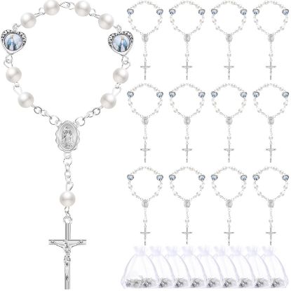Picture of Misdary 30 Sets Baptism Mini Rosary with Organza Bags Faux Pearls Baptism Rosary Favors for Guests Catholic Finger for Christening Weddings Party Favors First Communion Gift(Silvery)