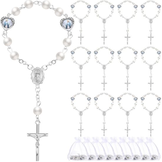 Picture of Misdary 30 Sets Baptism Mini Rosary with Organza Bags Faux Pearls Baptism Rosary Favors for Guests Catholic Finger for Christening Weddings Party Favors First Communion Gift(Silvery)