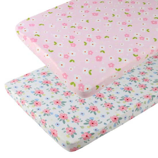 Picture of Onacosht Pack n Play Playard Fitted Sheets 2 Pack Set for Baby Girl Soft Stretchy Jersey Knit Portable Mini Crib Mattress Cover, Pink Floral