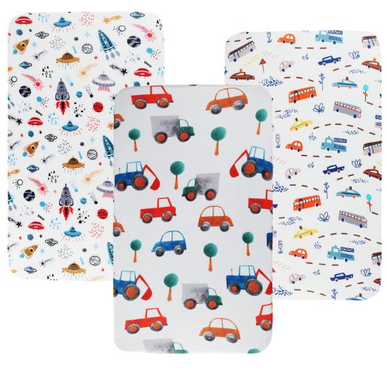 Picture of Tontukatu Pack n Play Sheet Stretchy Fitted Portable Mini Crib Sheets Set 3 Pack,Playard Sheets Convertible Playard Mattress Cover,Ultra Soft Jersey Material,Rocket Satellite,Car & Bus