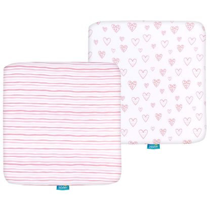 Picture of Square Playard/Playpen Fitted Sheets, Perfect for 36 X 36 Portable Playard, 2 Pack, Jersey Knit Cotton Fitted Sheets, Mild Pink Stripes and Hearts Print for Baby Girls