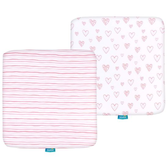 Picture of Square Playard/Playpen Fitted Sheets, Perfect for 36 X 36 Portable Playard, 2 Pack, Jersey Knit Cotton Fitted Sheets, Mild Pink Stripes and Hearts Print for Baby Girls
