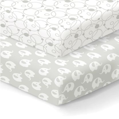 Picture of Organic Cotton Fitted Sheets for Graco Pack n Play, Babyletto, Pamo Babe, Hiccapop, Dream on Me, Evenflo, Baby Trend, Hygge Hush Portable/Mini Crib/Playards, Beka Bedside Bassinet 2 Pk