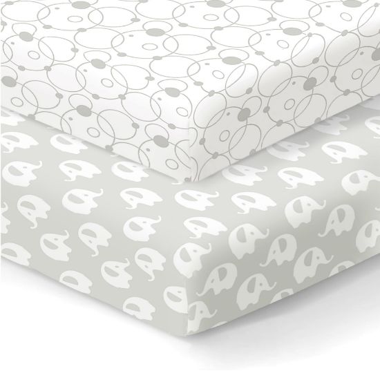 Picture of Organic Cotton Fitted Sheets for Graco Pack n Play, Babyletto, Pamo Babe, Hiccapop, Dream on Me, Evenflo, Baby Trend, Hygge Hush Portable/Mini Crib/Playards, Beka Bedside Bassinet 2 Pk