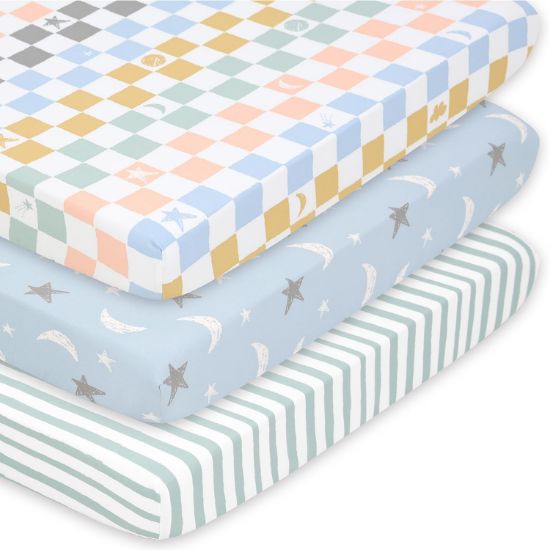 Picture of The Peanutshell 3 Pack and Play Mattress Sheets, Celestial Mini Crib Sheets Fitted, Pack N Play Sheets for Graco, Dream on Me, Playpen Mattress Pad, Playard Baby Crib Sheets, Gender Neutral, Boy, Girl