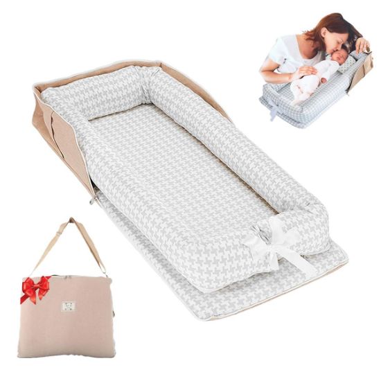 Picture of Loevin Baby Lounger for Newborn Portable Bag,Baby Nest Play Gym mat with Strap,Newborn Lounger Adjustable Size & Inner Zipper Lengthen Space to 24 Months(Gray Thousand Bird Check)