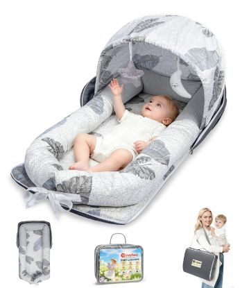 Picture of Baby Lounger, Portable Foldable Travel Lounger for Newborn 0-12 Month, Washable Lightweight Infant Nest with Canopy, Soft Breathable Baby Nest with Adorable Pattern, Home & Outdoor Use