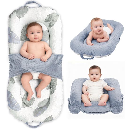 Picture of Baby Lounger, 3-in-1 Portable Infant Lounger for Newborns 0-24 Months, Foldable Tummy Time Pillow and Sitting Seat with Removable Cover, Dual-Sided Cotton and Velvet, Ideal Baby Shower Gift