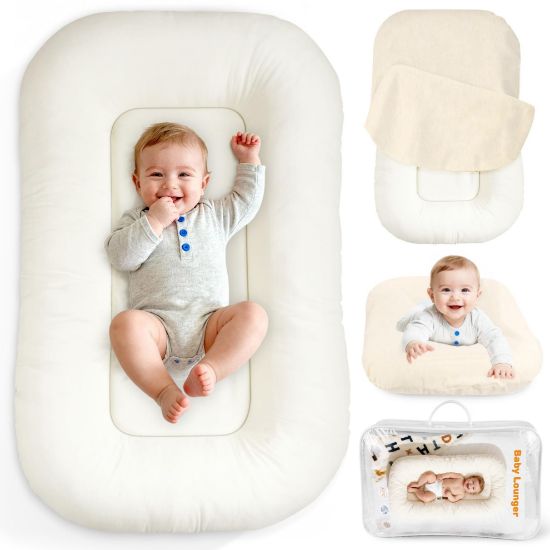 Picture of Idudbid Baby Lounger & Snuggle Nest for Newborn 0-24 Months, Baby Nest Supervised Breathable Cotton for Newborn, Breathable Portable Infant Lounnger for Travel and Home, White (Lounger Cover Included
