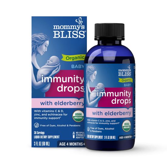 Picture of Mommy's Bliss Organic Baby Elderberry Drops, Immune Support with Vitamins, Prebiotics, Zinc & Organic Echinacea, Age 4 Months +, 3 Fl Oz (36 Servings)