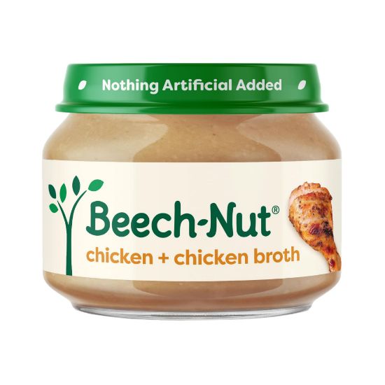 Picture of Beech-Nut Meat Baby Food Jars, Chicken & Chicken Broth Puree, 7g Protein, Stage 1 Baby Food for Babies 4 Months and Up, 2.5oz Glass Jars, 10ct