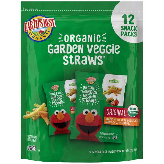 Picture of Earth's Best Organic Kids Snacks, Sesame Street Toddler Snacks, Organic Garden Veggie Straws for Toddlers 2 Years and Older, Original, Multipack, .5 oz Bags, 12 Count