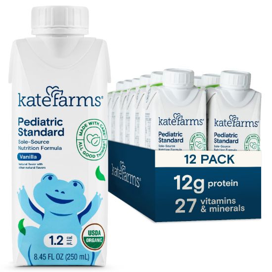 Picture of KATE FARMS Organic Plant Based Pediatric 1.2 Sole Source Vanilla Nutrition Shake, 12g of protein, 27 Vitamins and Minerals, Meal Replacement Drink for Kids, Non-GMO, 8.45 Fl oz (Pack of 12)